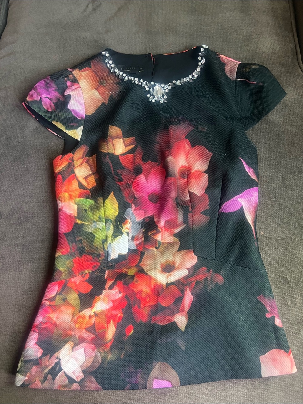 Ted Baker Black Floral Jewel-Neck Dress with Multicolor Blooms